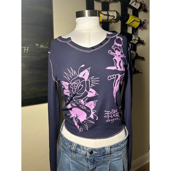 Ed Hardy Tops - Ed Hardy Women's Rose Tattoo Graphic Henley Thermal Top Size M